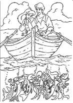 coloriage Arielle la petite sirene sur une barque avec le prince